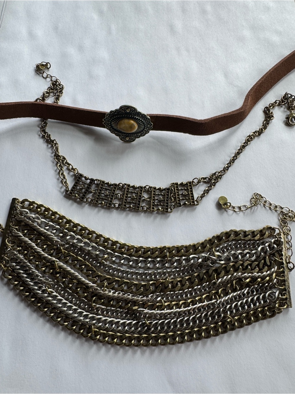 Layered Metallic Chain Bracelet/ Choker Necklace Set - Brown Suede & Mixed Metal